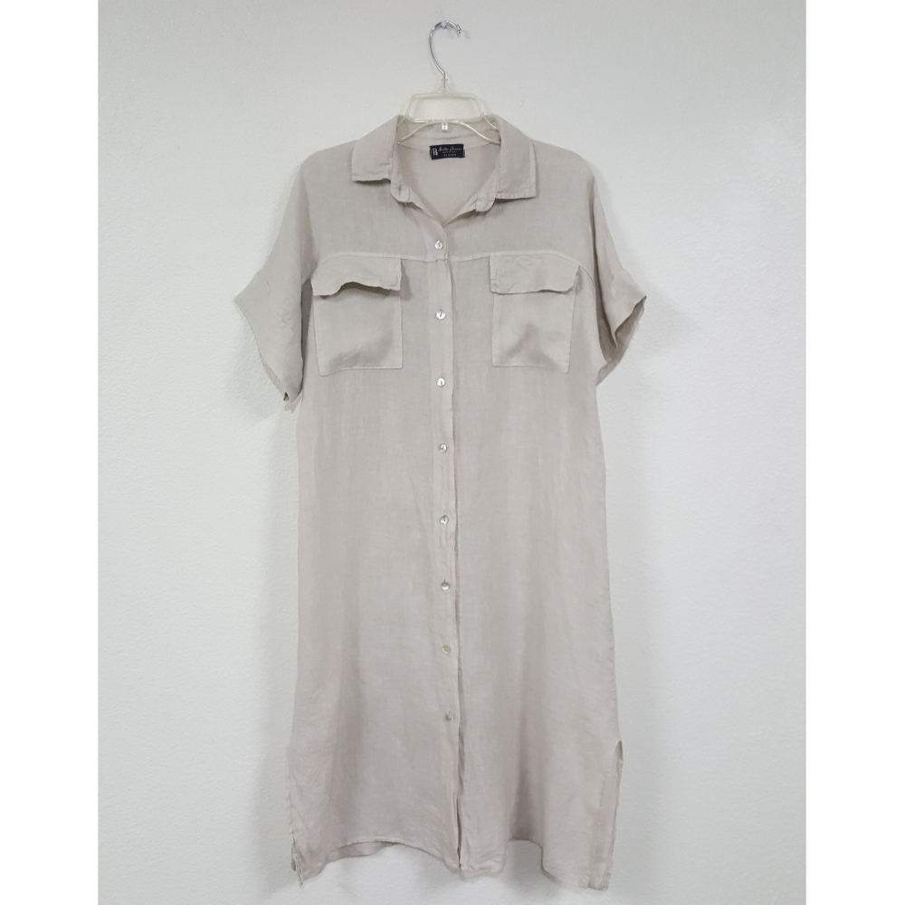 Bella Amore Sz XL (Unmarked) 100% Linen Boho Button Long Shirt